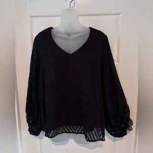 Cupshe Black Laced Long Sleeve Ribbed Knit Crew V-Neck Pullover Top Sz M NWT
